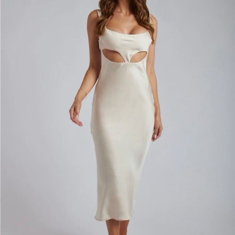 Meshki Off White Side Cut Out Satin Midi Dress Women's XS